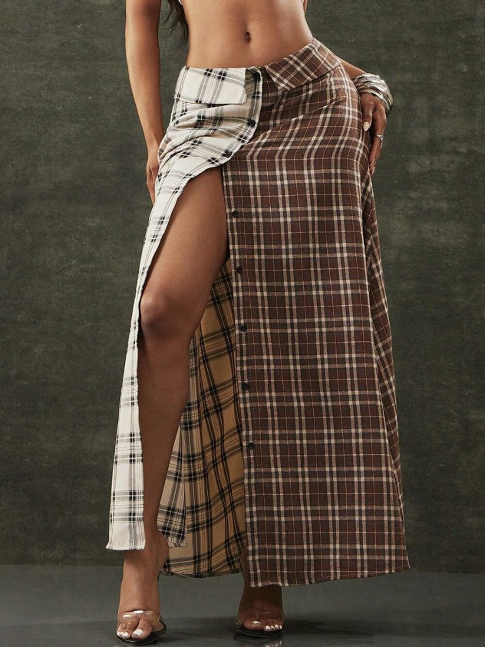 Multicolor Casual Women's Mixed Plaid Long Flared Skirt - Picture 5 of 6